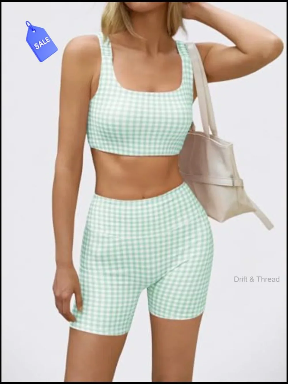 Gingham 2 Piece Outfit Padded Crop Tank High Waist Sports Shorts Set - Picture 6 of 7